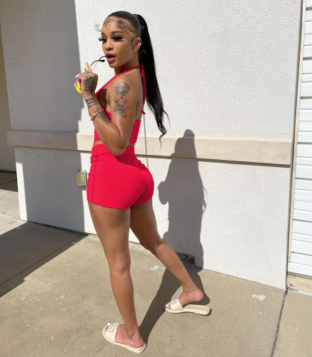 Solid Color Sexy Red Backless Halter Two Piece Shorts Women Set