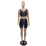Solid Color Casual Black Sleeveless Women's Clothing Pit Lace Up Two Piece Shorts Set