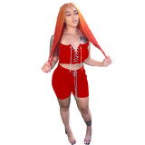Solid Color Casual Red Sleeveless Women's Clothing Pit Lace Up Two Piece Shorts Set