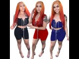 Solid Color Casual Black Sleeveless Women's Clothing Pit Lace Up Two Piece Shorts Set