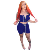 Solid Color Casual Blue Sleeveless Women's Clothing Pit Lace Up Two Piece Shorts Set