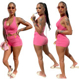 Solid Color Sexy Pink Backless Halter Two Piece Shorts Women Set