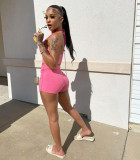 Solid Color Sexy Pink Backless Halter Two Piece Shorts Women Set