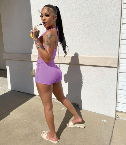 Solid Color Sexy Purple Backless Halter Two Piece Shorts Women Set