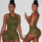 Sexy Casual Army Green Knitted Ripped Sleeveless Vest Two Piece Shorts Set for Summer