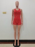 Sexy Casual Red Knitted Ripped Sleeveless Vest Two Piece Shorts Set for Summer