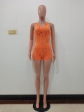 Sexy Casual Orange Knitted Ripped Sleeveless Vest Two Piece Shorts Set for Summer