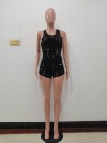 Sexy Casual Black Knitted Ripped Sleeveless Vest Two Piece Shorts Set for Summer