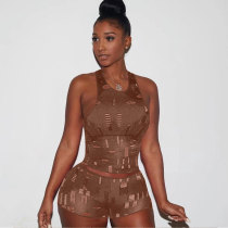 Sexy Casual Coffee Knitted Ripped Sleeveless Vest Two Piece Shorts Set for Summer