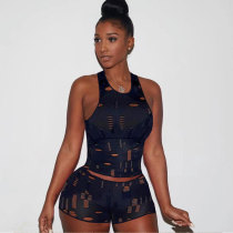 Sexy Casual Black Knitted Ripped Sleeveless Vest Two Piece Shorts Set for Summer