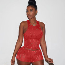 Sexy Casual Red Knitted Ripped Sleeveless Vest Two Piece Shorts Set for Summer