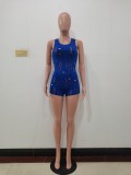 Sexy Casual Blue Knitted Ripped Sleeveless Vest Two Piece Shorts Set for Summer