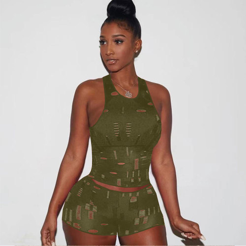 Sexy Casual Army Green Knitted Ripped Sleeveless Vest Two Piece Shorts Set for Summer