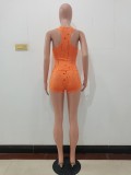Sexy Casual Orange Knitted Ripped Sleeveless Vest Two Piece Shorts Set for Summer