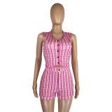 Sexy Single-breasted Plaid Sleeveless Two Piece Shorts Set