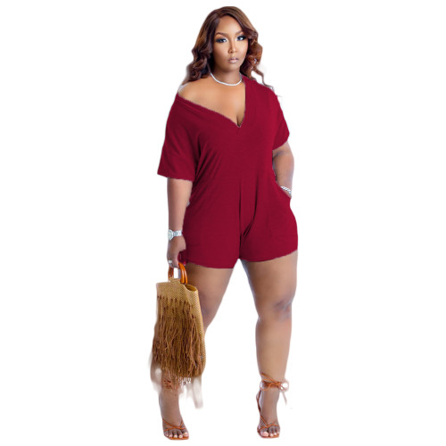 Sexy Wine Red Nightclub Clothes 2022 Summer Solid V Neck Rompers with Pockets