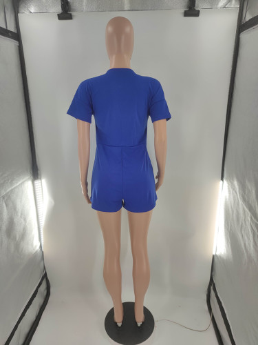 Sexy Blue Nightclub Clothes 2022 Summer Solid V Neck Rompers with Pockets