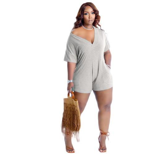 Sexy Grey Nightclub Clothes 2022 Summer Solid V Neck Rompers with Pockets