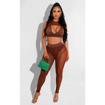 Coffee Sexy See Through Mesh Stitching Sleeveless Crop Top and Trousers