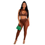 Coffee Sexy See Through Mesh Stitching Sleeveless Crop Top and Trousers