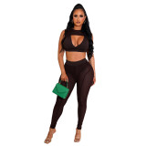 Black Sexy See Through Mesh Stitching Sleeveless Crop Top and Trousers