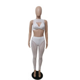 White Sexy See Through Mesh Stitching Sleeveless Crop Top and Trousers
