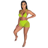 Summer Fluorescent Green Beachwear Sexy Mesh Sequined Two Piece Short Set