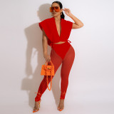 Solid Sexy Red Mesh Hollow Hooded Crop Top Trousers with Panties