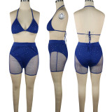 Summer Royal Blue Beachwear Sexy Mesh Sequined Two Piece Short Set