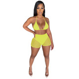 Summer Yellow Beachwear Sexy Mesh Sequined Two Piece Short Set