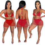 Summer Red Beachwear Sexy Mesh Sequined Two Piece Short Set
