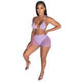 Summer Purple Beachwear Sexy Mesh Sequined Two Piece Short Set