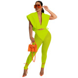 Solid Sexy Fluorescent Green Mesh Hollow Hooded Crop Top Trousers with Panties