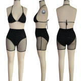 Summer Black Beachwear Sexy Mesh Sequined Two Piece Short Set