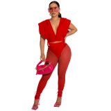 Solid Sexy Red Mesh Hollow Hooded Crop Top Trousers with Panties