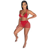 Summer Red Beachwear Sexy Mesh Sequined Two Piece Short Set