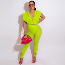 Solid Sexy Fluorescent Green Mesh Hollow Hooded Crop Top Trousers with Panties