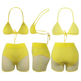 Summer Yellow Beachwear Sexy Mesh Sequined Two Piece Short Set