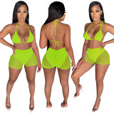 Summer Fluorescent Green Beachwear Sexy Mesh Sequined Two Piece Short Set