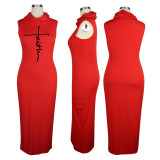 Casual Red Printed High Neck Mask Sleeveless Maxi Dress