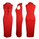 Casual Red Printed High Neck Mask Sleeveless Maxi Dress