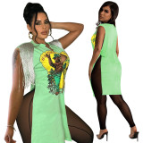 2022 Sexy Green Hip Hop Printed Slit Sleeveless Fringe Dress