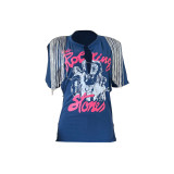Casual Dark Blue Hip Hop Printed Slit Fringe Short Sleeve T-shirt