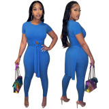 Solid Color Blue Pit Irregular 2 Piece Casual Short Sleeve Long Blouse Two Piece Set