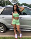 Solid Color Green Ladies Vest Shorts Two Piece Set with Pockets