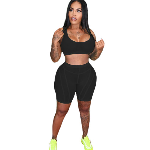Summer Solid Sexy Black See Through Mesh Camisole Shorts Tracksuit Two Pieces