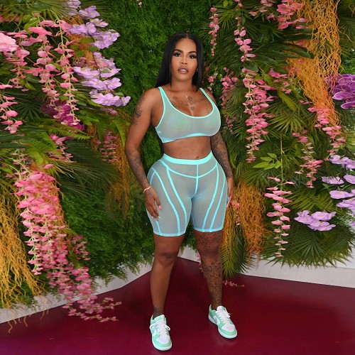 Summer Solid Sexy Lake Green See Through Mesh Camisole Shorts Tracksuit Two Pieces