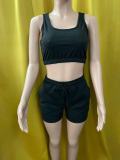 Solid Color Black Ladies Vest Shorts Two Piece Set with Pockets