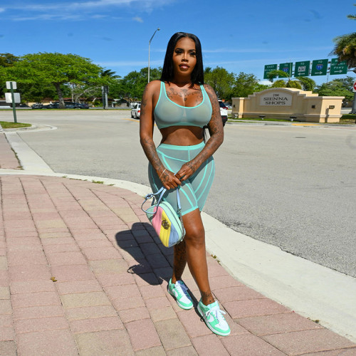 Summer Solid Sexy Lake Green See Through Mesh Camisole Shorts Tracksuit Two Pieces