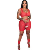 Summer Solid Sexy Red See Through Mesh Camisole Shorts Tracksuit Two Pieces